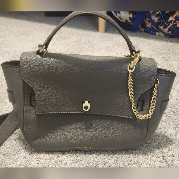 Henri Bendel New York Uptown Leather Top Handle And Shoulder Satchel Grey Gold - Picture 1 of 8
